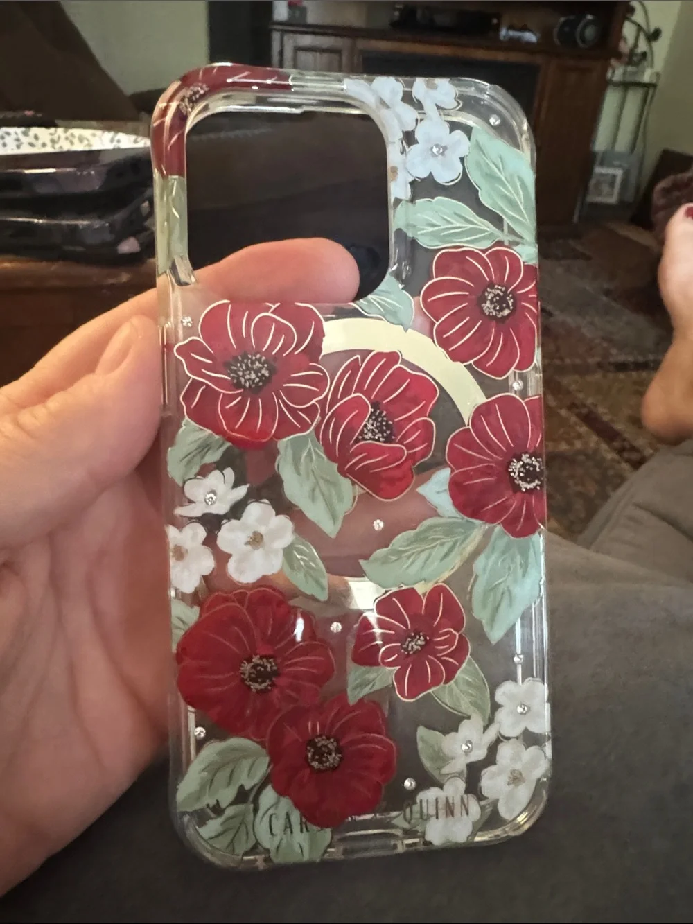 Clear Floral Phone Case with Red Flower Accents -